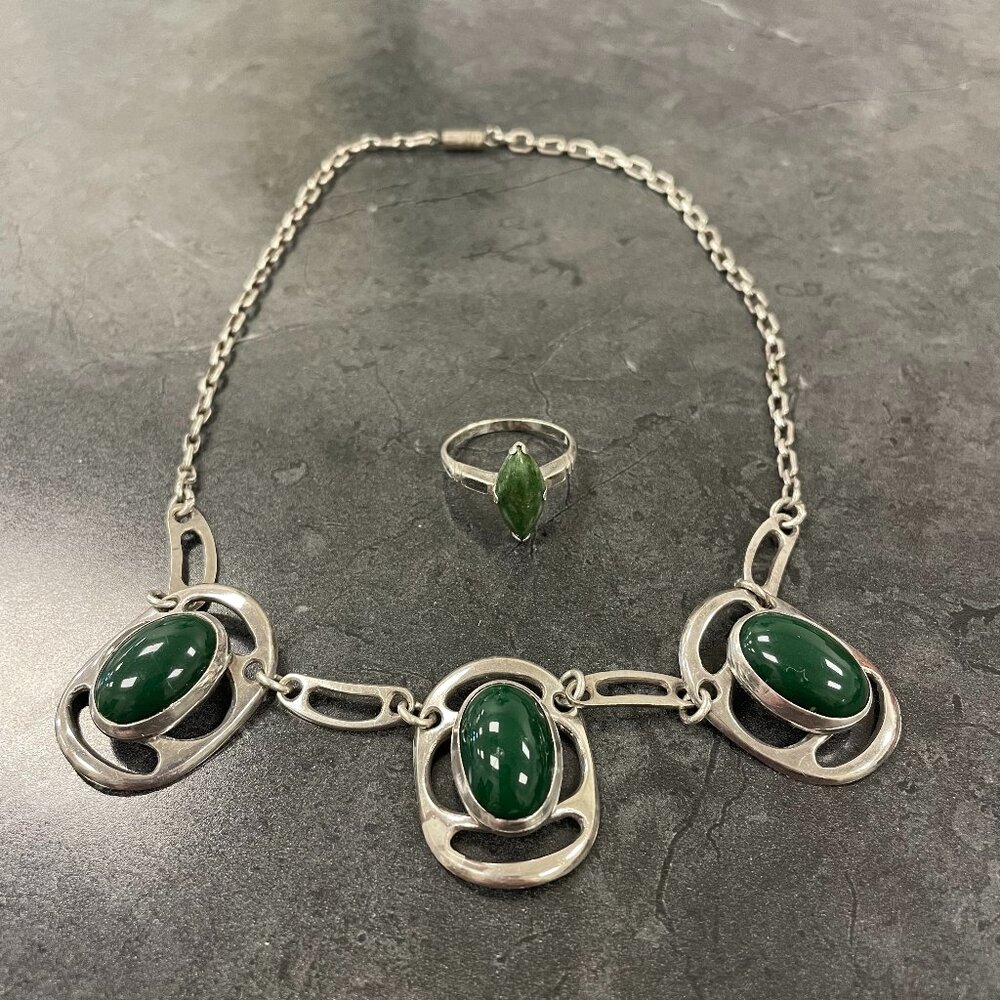 Sterling Silver and Jade Ring and Necklace Set